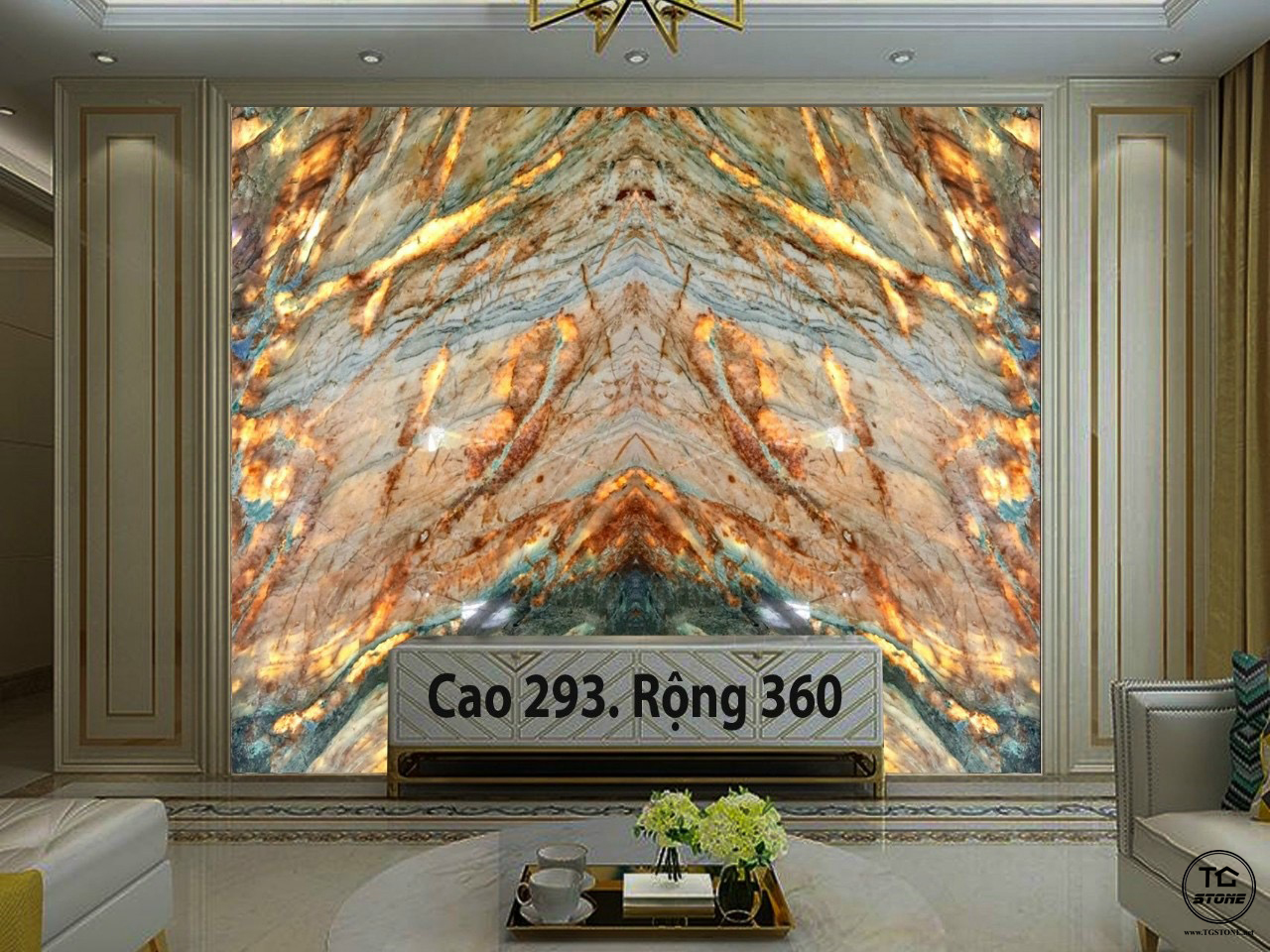 Tranh đá tự nhiên xuyên sáng onyx đối xứng ốp tường phòng khách - TGSTONE